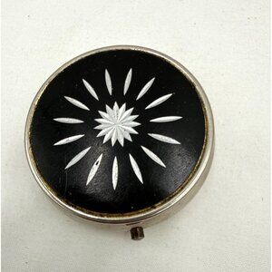 Vtg Metal & Enamel Black Pill Box Starburst Design 3-Compartment 2-Inch Round